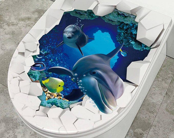 Household Toilet Lid Sticker – Bathroom Self-Adhesive Decoration, Cute Dolphin, Fish, Ocean Underwater World Toilet Decal.