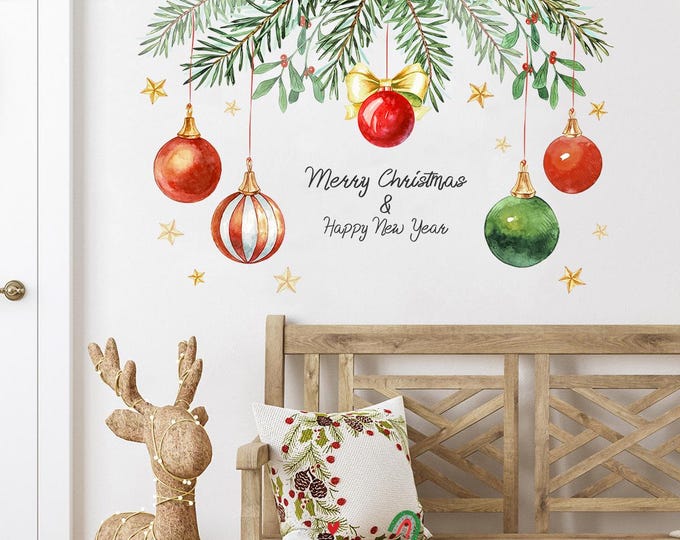 Christmas Wall Decal - Pine Branch with Hanging Baubles -2 sheets of  a set  Approx.32 × 24 inches