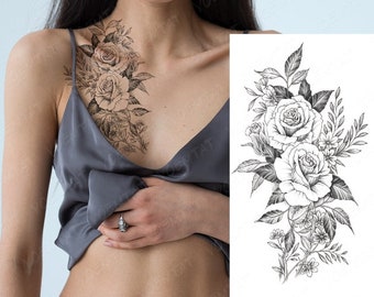 Sticker tatouage temporaire étanche Fleur noire Rose feuille Plantes / Épaule / Cuisse / Dos / Cheville / Mollet