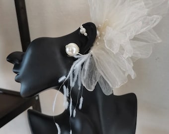Handmade Chiffon Flower Feather Pearl Wedding Party Ear Hook Earrings or Headset--A Pair
