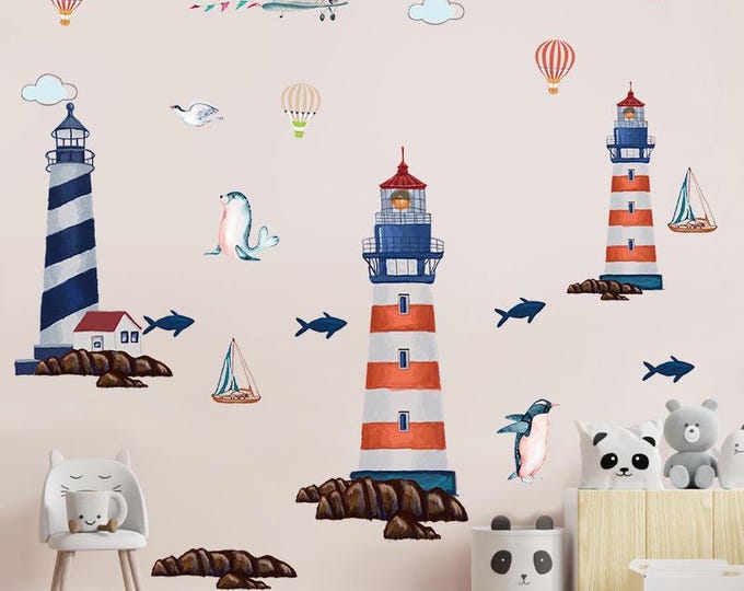Cartoon Lighthouse & Ocean Theme Wall Decal – Self-Adhesive Kids Room Decor