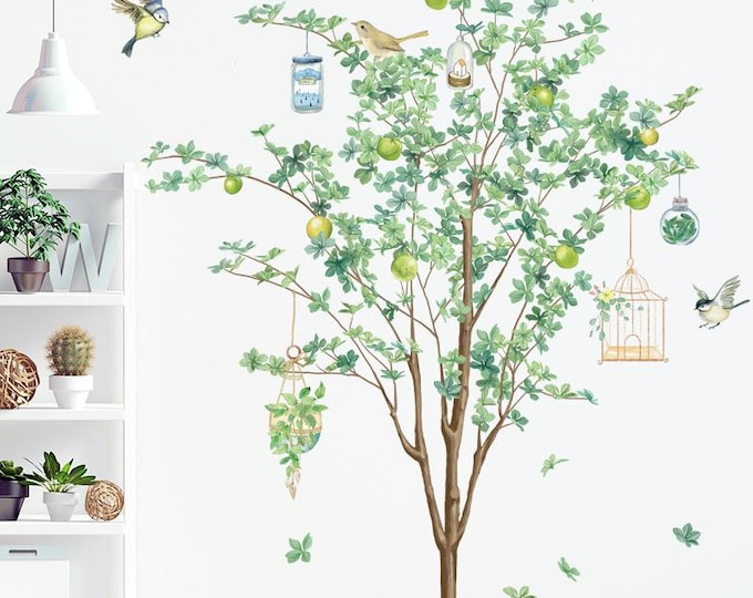 Green Tree with Birdcages Wall Decal — Fresh Nature Home Decor   2 Packs of a set / 35.6 in ×11.8 in × 2 sheets