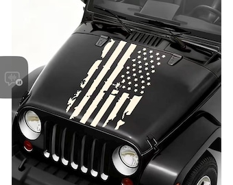translates to "Torn American Flag Hood Decal | Cracked Flag Car Hood Vinyl Sticker    Decal size: 60cm x30cm (23.8in x 11.81in)
