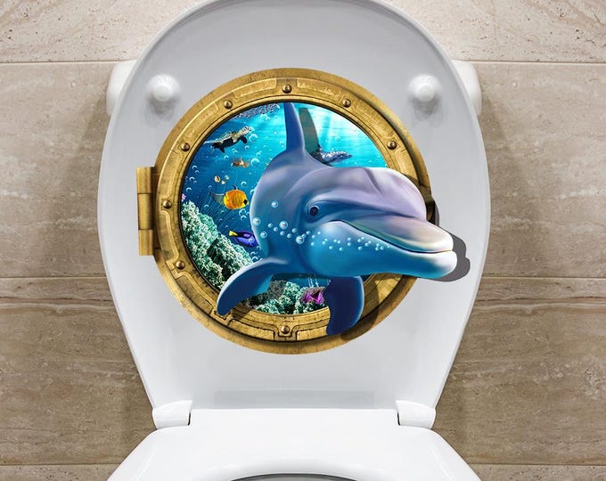 1 × 3D Dolphin Toilet Sticker, Ocean Marine Bathroom Wall Decal, Waterproof PVC Removable Sea Animal Decor for Toilet Lid