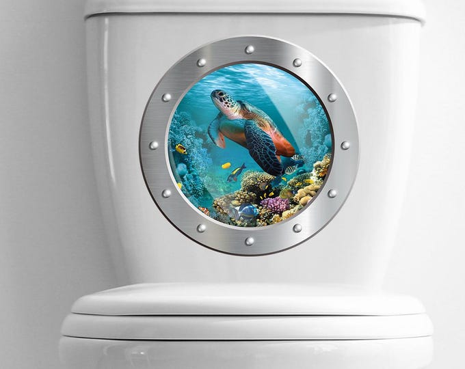 1 × Unique 3D Sea Turtle Toilet Sticker – Ocean Porthole Wall Decal
