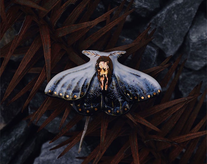 Handmade High Quality Delicate Blue & Gold Moth Ceramic Brooch Gifts