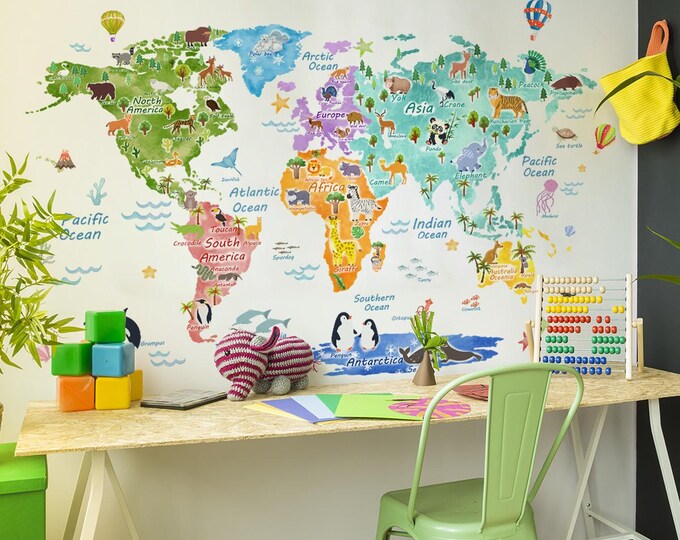THE WORLD Animal Distribution Wall Sticker – Decorative Map for Bedroom   Kids' Room and Nursery