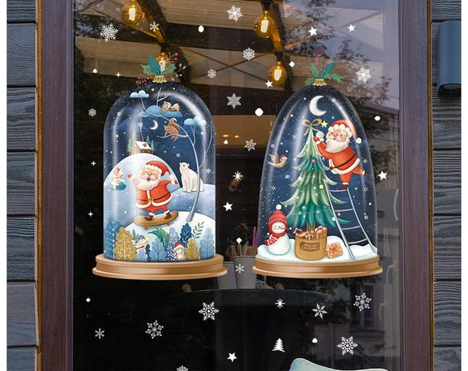 2 PACKS Christmas Snow Globe Window Stickers – Santa & Winter Wonderland Design/ Overall size after applying: approx.  35 in × 19.7 in
