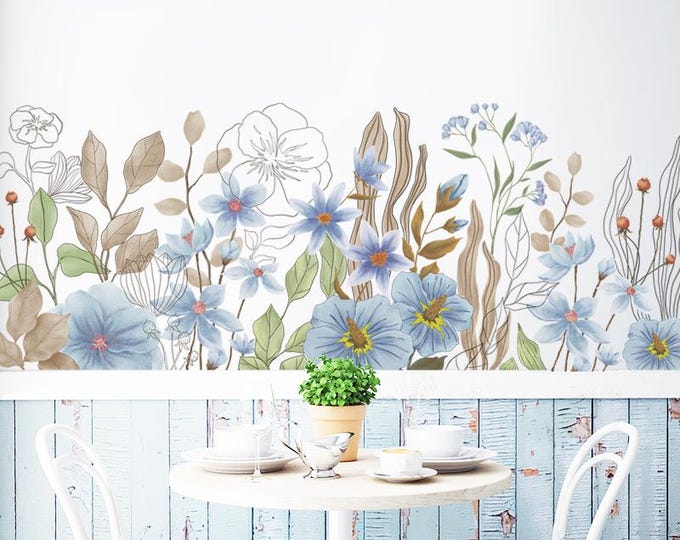 Blue Floral Wall Decal – Watercolor Flower PVC Sticker, Self-Adhesive Wall Art for Living Room, Bedroom, Dining Room, Cafe Decor