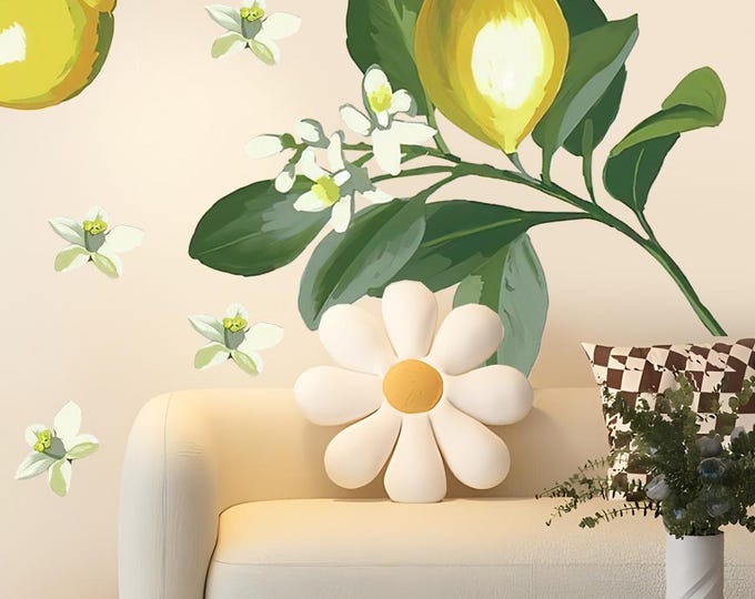 Fresh Lemon & Floral Wall Decal – Removable Self-Adhesive PVC Sticker for Sofa Background, TV Wall, Kitchen, and Living Room Decor