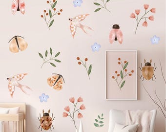 Watercolor Birds, Beetles & Butterflies Wall Decals – Removable Self-Adhesive Floral Animal Stickers for Bedroom, Nursery, Kids Room Decor