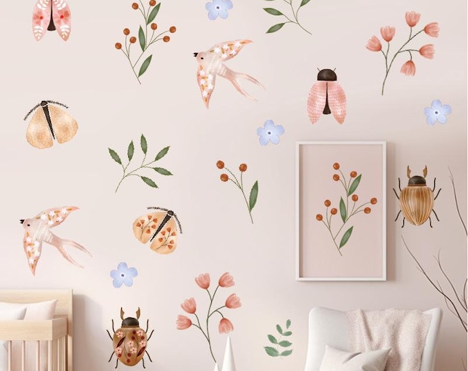 Watercolor Birds, Beetles & Butterflies Wall Decals – Removable Self-Adhesive Floral Animal Stickers for Bedroom, Nursery, Kids Room Decor