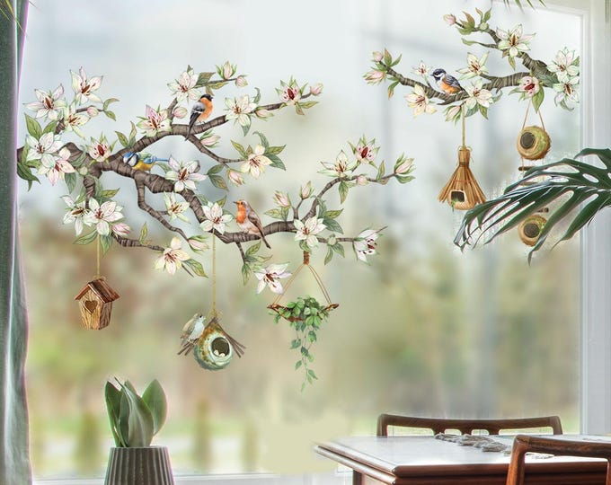 Pastoral Style Cherry Blossom Branch and Birdhouse Wall Stickers  Nature-Inspired Window Decals  Living Room & Balcony Decor