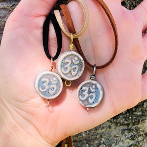 Om ohm symbol coin necklace or choker on black tan or brown vegan leather cord meditation yoga protection good luck zen buddha pendant charm