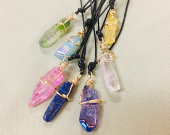 Quartz crystal choker necklace adjustable black cord dainty stone small clear quartz crystal chakra healing pendant wire wrapped gemstone