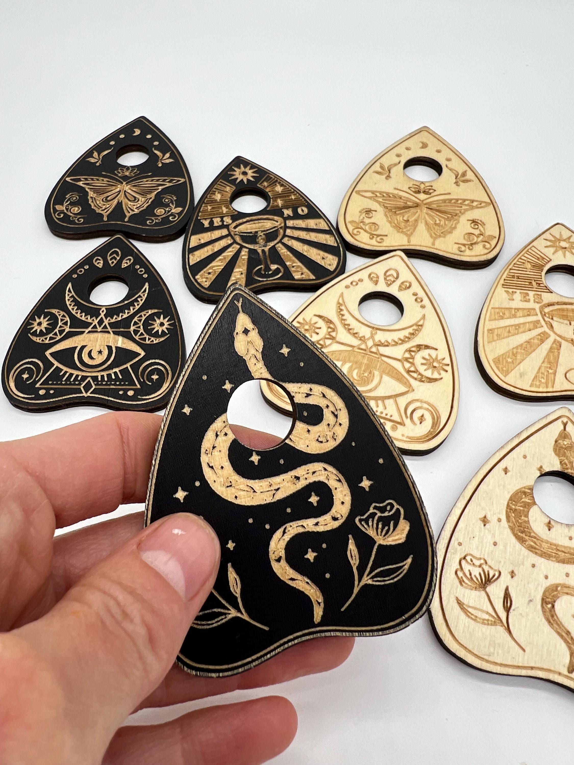 Wooden Ouija board planchette, Wiccan, witchy, gothic, spirit board decor alter, Mystic Oracle séance, crystal board, crystal ball holder