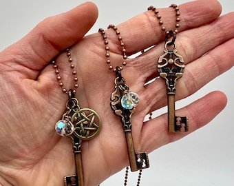 witches key necklace, copper skeleton key, vintage look, Hecate’s key, alter, gothic, whimsical, Mayfair, witchy magick jewelry, long chain