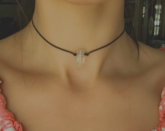 Quartz crystal choker or necklace, black cord choker, minimalist, dainty, simple, minimal, statement, clear quartz, small crystal necklace