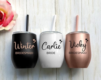 Set of 4 5 6 7 YOU CHOSE QTY metal wine tumbler with lid and straw Bridal shower favors Personalized Bridesmaid Gifts rose gold cups cup