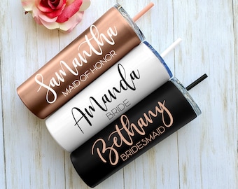 Set of 4 5 6 7 YOU CHOSE QTY metal wine tumbler with lid and straw Bridal shower favors Personalized Bridesmaid Gifts rose gold Bride Squad