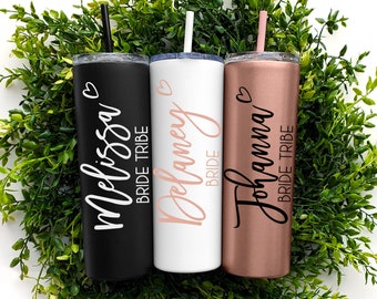 Set of 4 5 6 7 YOU CHOSE QTY metal wine tumbler with lid and straw Bridal shower favors Personalized Bridesmaid Gifts rose gold Bride Tribe