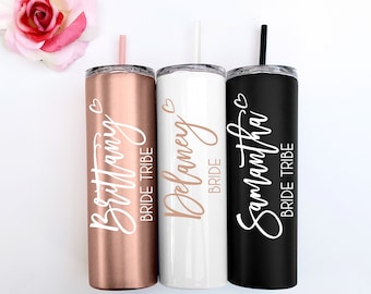 Set of 4 5 6 7 YOU CHOSE QTY metal wine tumbler with lid and straw Bridal shower favors Personalized Bridesmaid Gifts rose gold Bride Tribe