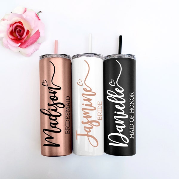 Set of 4 5 6 7 YOU CHOSE QTY metal wine tumbler with lid and straw Bridal shower favors Personalized Bridesmaid Gifts rose gold Brides Babes