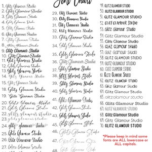 Pode incluir: Um gr&aacute;fico que mostra 70 estilos de fonte diferentes para a frase "Glitz Glamour Studio". O gr&aacute;fico &eacute; numerado de 1 a 70. O texto no topo do gr&aacute;fico diz "Font Chart". O texto na parte inferior do gr&aacute;fico diz "*Tenha em mente que algumas fontes s&atilde;o TODAS min&uacute;sculas ou TODAS mai&uacute;sculas."