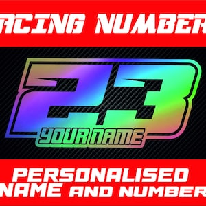 3 X Custom Racing Numbers & Name - Oilslick Rainbow Vinyl Stickers Decals - Race Motorcycle Motocross Supercross Nascar Track Dirt Bike Kart