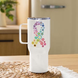 Flower Breast Cancer Ribbon Travel mug with a handle, Flower Breast Cancer Tumbler, Perfect Cup for Breast Cancer Survivor