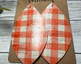 Earrings ~ Leaf ~ Tear Drop ~ Leather ~ Cowhide ~ Cork ~ Plaid ~ Orange ~ Fall ~ Accessories ~ Dangle