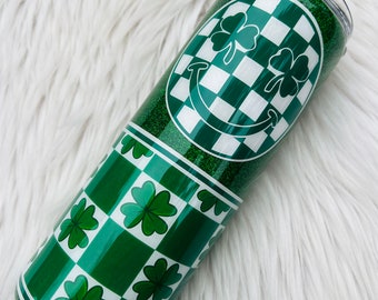 RTS ~ Ready To Ship ~ 20oz. St. Patrick’s Day Glitter Tumbler ~ Clover ~ Shamrock ~ Checkered ~ Green ~ Glitter ~ Stainless Steel