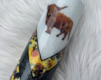 RTS ~ Ready To Ship ~ Glitter Tumbler ~ Highland Cow ~ Cowhide ~ Cow Print ~ Sunflowers ~ Epoxy ~ Stainless Steel