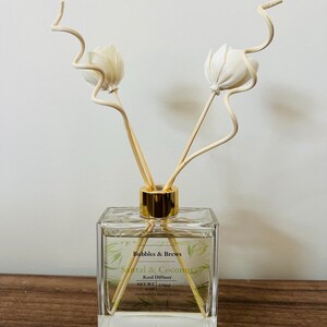 May include: A clear glass reed diffuser with a gold-colored collar, containing a liquid and reeds. The label reads "Bubbles & Brews Santal & Coconut". Two white flower-shaped ornaments and curly stems are inserted into the diffuser.