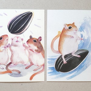 POSTCARD PRINTS SET: Gerbils' Prayer and Gerbil Surfer