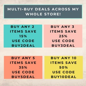 May include: An image promoting multi-buy deals across a store. It features text on colorful blocks: Buy 2 items, save 15%, use code BUY2DEAL; Buy 3 items, save 25%, use code BUY3DEAL; Buy 5 items, save 35%, use code BUY5DEAL; Buy 10 items, save 50%, use code BUY10DEAL.