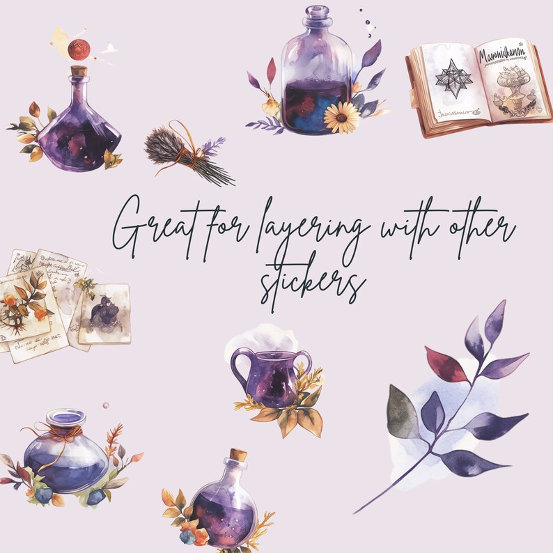 May include: Watercolor illustrations of potion bottles, a book, and other mystical elements in shades of purple, blue, and gold. The text "Great for layering with other stickers" is also included.