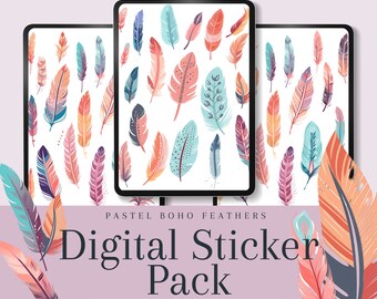 Boho Pastel Feather Digital Stickers, Goodnotes Stickers, Notability Stickers, Planner, Scrapbooking, Pretty Pastels, Candy coloured PNGs