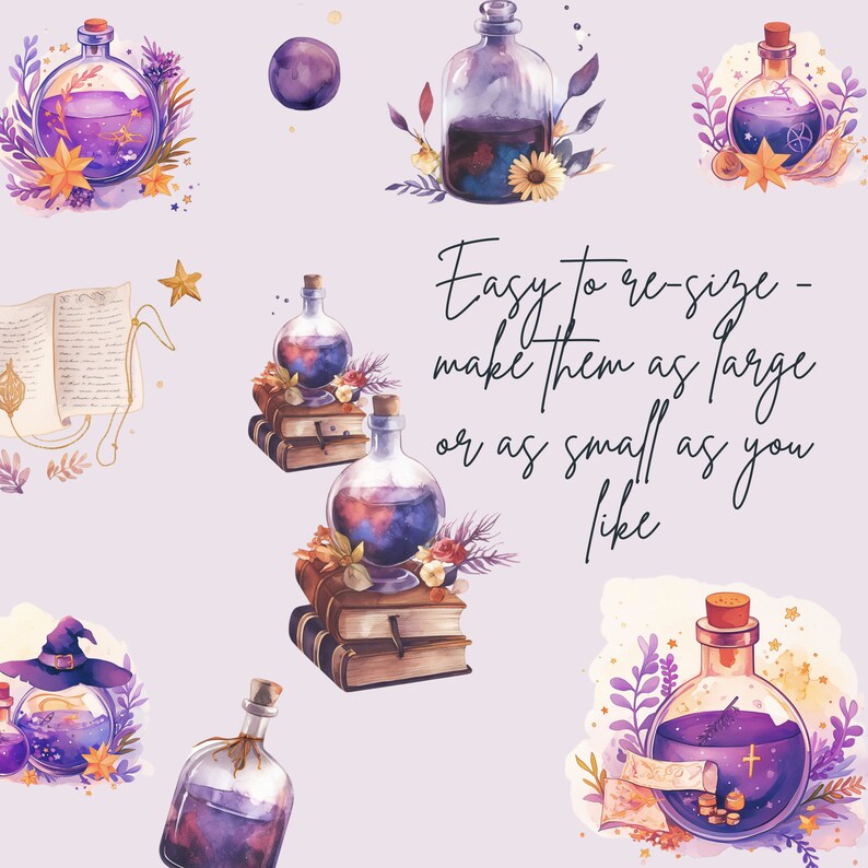 May include: Watercolor illustrations of potion bottles, books, and celestial elements in shades of purple, gold, and blue. The text reads "Easy to re-size - make them as large or as small as you like."
