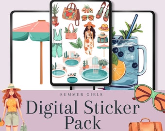 Boho Summer Girl Digital Stickers: Planner Scrapbooking PNGs (Goodnotes & Notability, PDF Download)