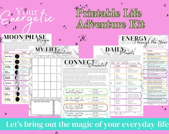 May include: Printable life adventure kit with a pink background. The kit includes a moon phase tracker, a daily planets planner, a connect elemental guide, and an energy through the year guide. The text "Let's bring out the magic of your everyday life" is at the bottom of the image.