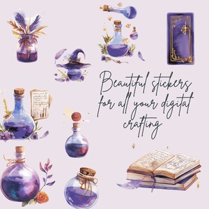 May include: Watercolor stickers featuring potion bottles, a witch's hat, an open book, and other magical elements. The text reads "Beautiful stickers for all your digital crafting."