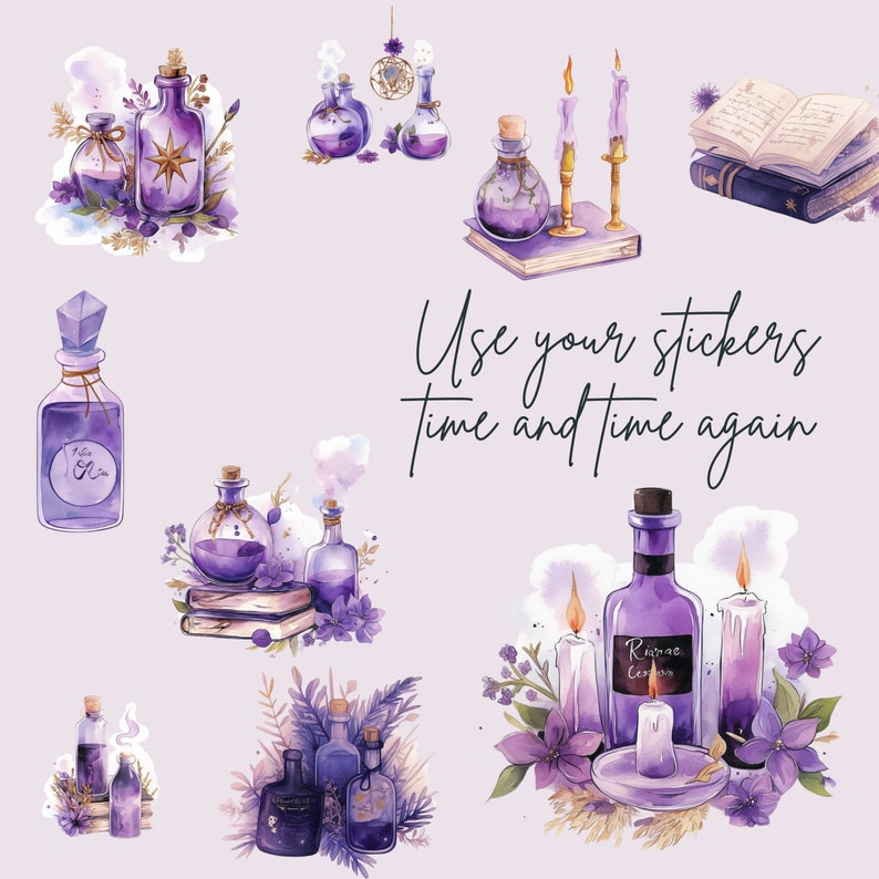 May include: Watercolor illustrations of purple potion bottles, candles, and books. The image includes the text "Use your stickers time and time again". The bottles have corks and star designs. The overall theme is mystical and magical.