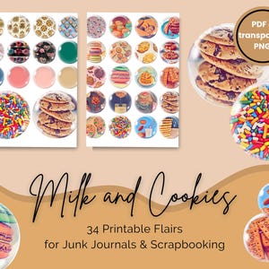 Flairs imprimíveis de leite e biscoitos, kit de lembranças culinárias. Cortes elaborados, emblemas, flairs, enfeites, Goodnotes, adesivos digitais, botões, presentes