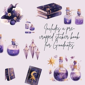 May include: Watercolor illustrations of witchy items, including a witch's hat, potion bottles, books, and decorative elements. The text reads "Includes a pre-cropped sticker book for Goodnotes."