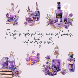 May include: Watercolor illustration of purple potion bottles, candles, and flowers. The image includes text that reads "Pretty purple potions, magical books, and witchy vibes."