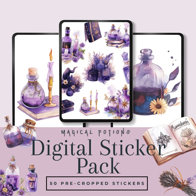May include: Digital sticker pack featuring watercolor illustrations of magical potions, candles, books, and a witch's hat. The stickers are in shades of purple and gold. The text reads "Magical Potions Digital Sticker Pack" and "50 Pre-cropped Stickers."