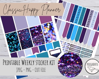 May include: Printable weekly sticker kit for a classic happy planner. The stickers feature a purple, blue and white colour scheme with a glitter design. The text "Printable Weekly Sticker Kit" and "JPEG - PNG - CUT FILE" is printed on the bottom of the image.