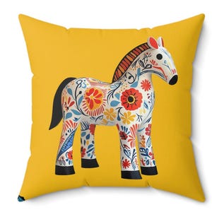 Scandinavian Dala Horse Pillow, Yellow-Gold Background, Scandinavian Design Cushion, Nordic Decor, Swedish folklore, One-of-a-kind Pillow