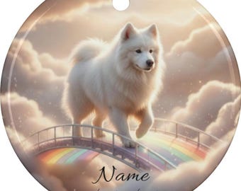 Personalized Samoyed Rainbow Bridge Ceramic Ornament, Custom Bjelkier Memorial Tribute Keepsake,  Samoiedskaya Sobaka, Smiling Sledge Dog